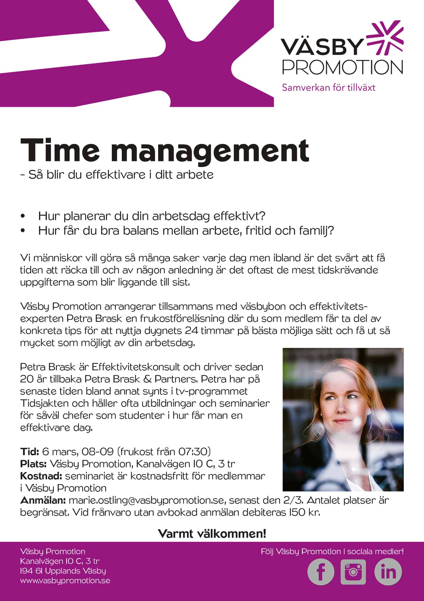 Läs mer om artikeln 2015-03-06 — Frukostföreläsning med Petra Brask – Time management