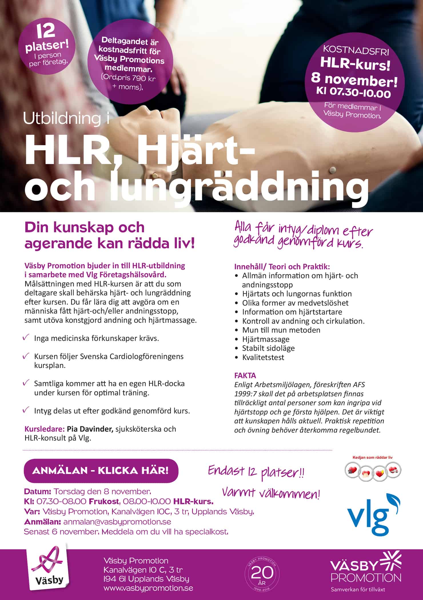 Läs mer om artikeln 2018-11-08 — HLR-kurs med Vlg Företagshälsovård – FULLBOKAD