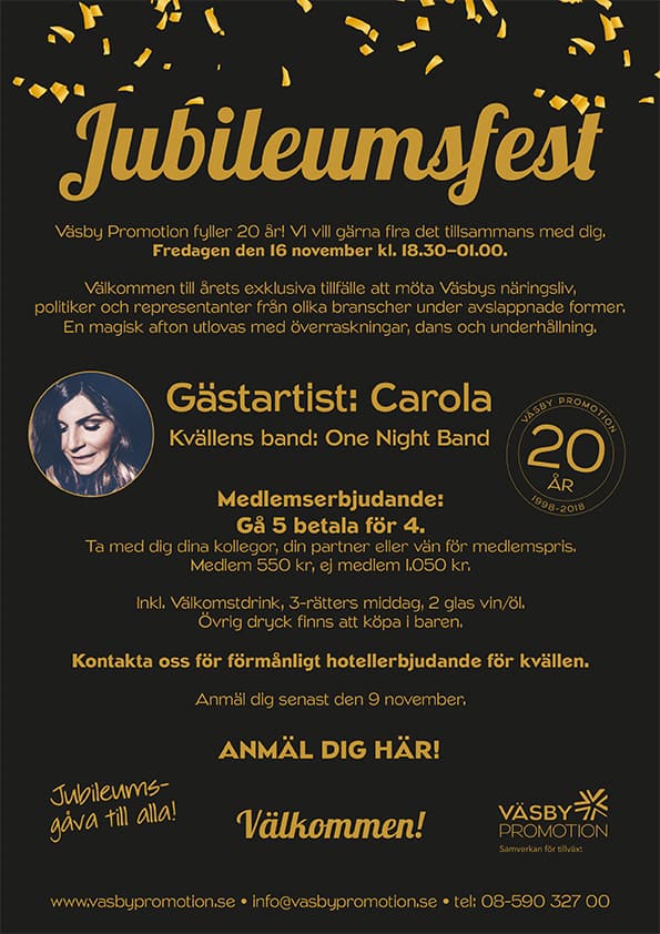 Läs mer om artikeln 2018-11-16 — Jubileumsfest – Väsby Promotion fyller 20 år